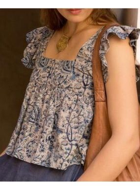 Matta Cream and Blue Floral Kalamkari Ruffle-Sleeve Crop Top Square Neck Sz S